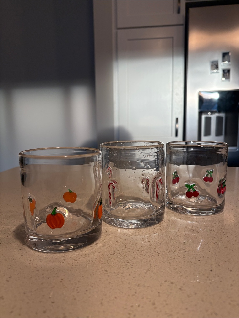 Set of 3 Clear Glass Tumblers with Fruit & Candy Motifs